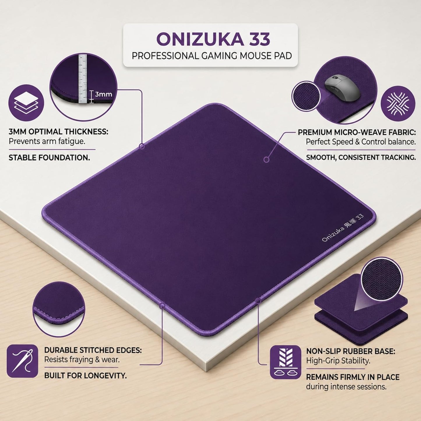 Onizuka 33 Purple Large Gaming Mouse Pad 42x49cm – Extended Desk Mat with Smooth Micro-Weave Surface, Non-Slip Rubber Base, 3mm Thick for Gaming, PC, Laptop & Office